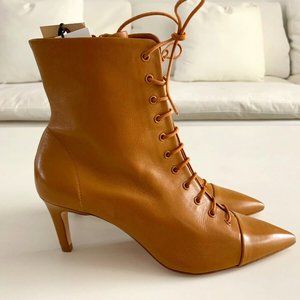 NWT ZARA Womens Camel Leather Heeled Lace Up Pointed Toe Ankle Boots Size 37 6.5